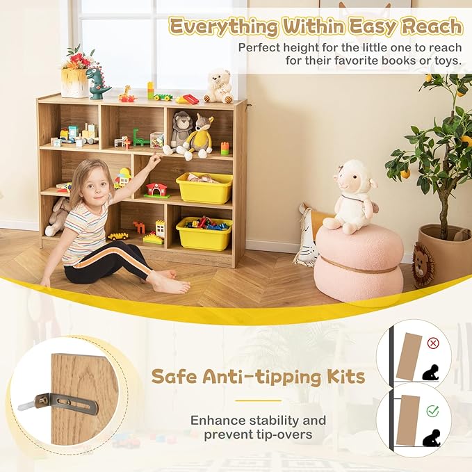 Costzon 3-Shelf Bookcase for Kids, Wooden Toy Storage Organizer for Books Toys, 8-Section Freestanding Classroom Daycare Montessori Bookshelf for Preschool, Home Playroom & Kindergarten (Natural)