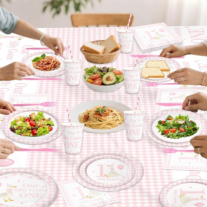 141pcs Silly Goose Birthday Party Decoration Pink Bow Silly Goose Baby Shower Decor Funny Table Gift for girls 1st Birthday Baby Shower Plates Cups Napkins Forks Knives Straws,Suitable for 20 Guests