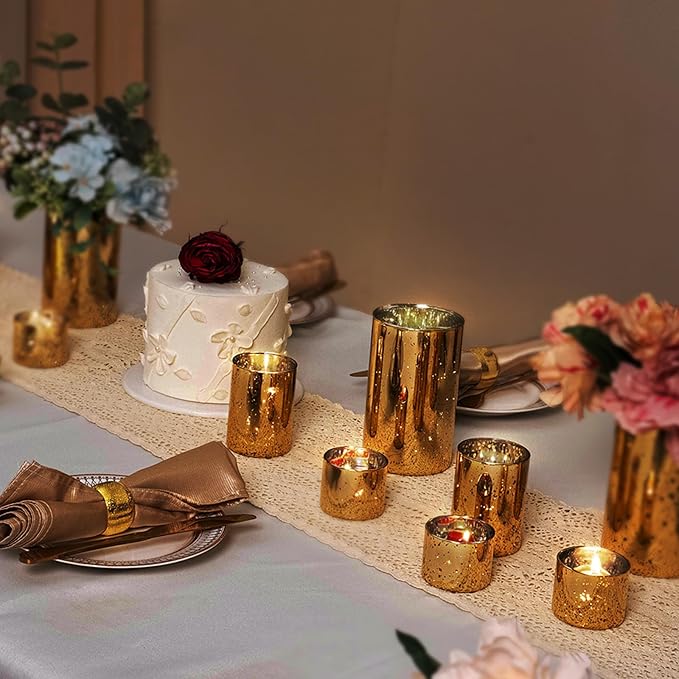 CHILL RECIPE Gold Cylinder Vases Glass Candle Holders Bulk, Mercury Hurricane Candle Holder Small Flower Vases for Centerpieces Tea Light Pillar Votive Candles Wedding Decor Party (4 Set 12Pcs)