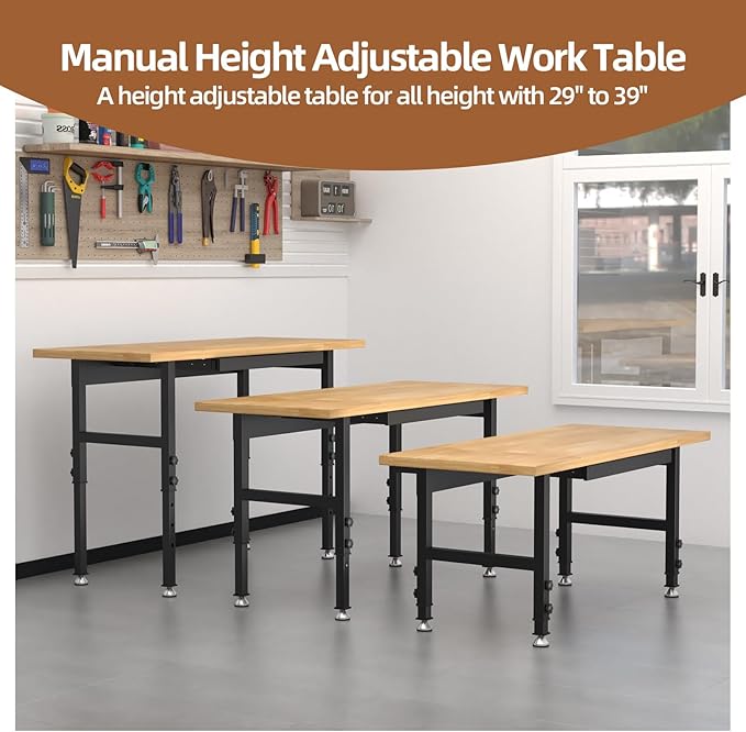 48' Adjustable Workbench, Solid Wood Work Bench Table , Rolling Workbench Large Load Capacity Garage Workbench for Workshop,Office,Home
