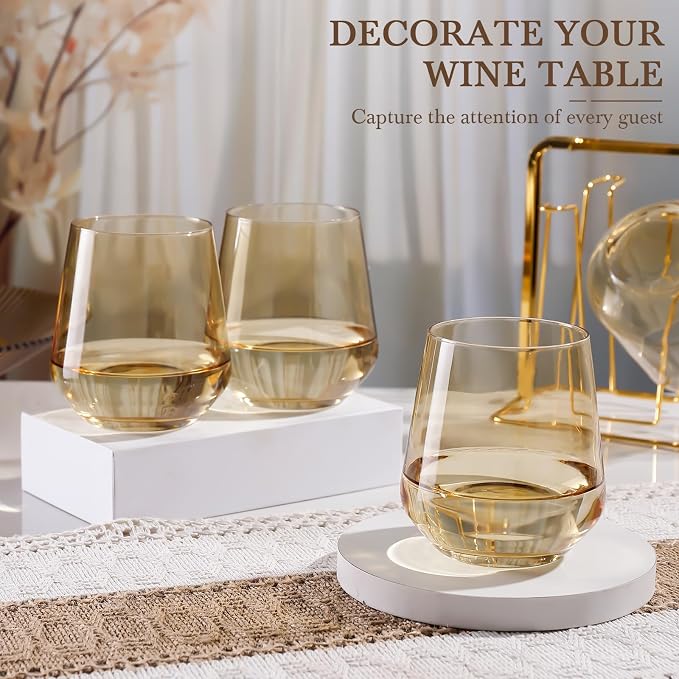Amber Stemless Wine Glass Set of 6-17oz Wine Glasses, Stemless Drinking Glasses for Wine, Cocktails & Beverages - Elegant Glassware for Home, Bar & Holiday Use