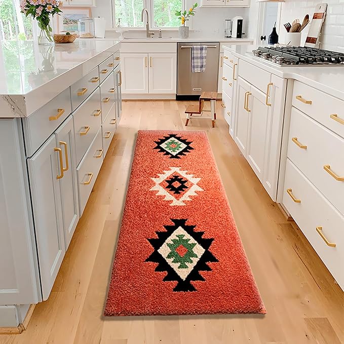 Bohemian Bathroom Rug Runner 60x24 Inch Long Bath Mat for Bathroom Tub Bedroom Kitchen Laundry Room Hallway, Fluffy Soft Bohemian Carpet Runner, Home Decor Rug, Coral