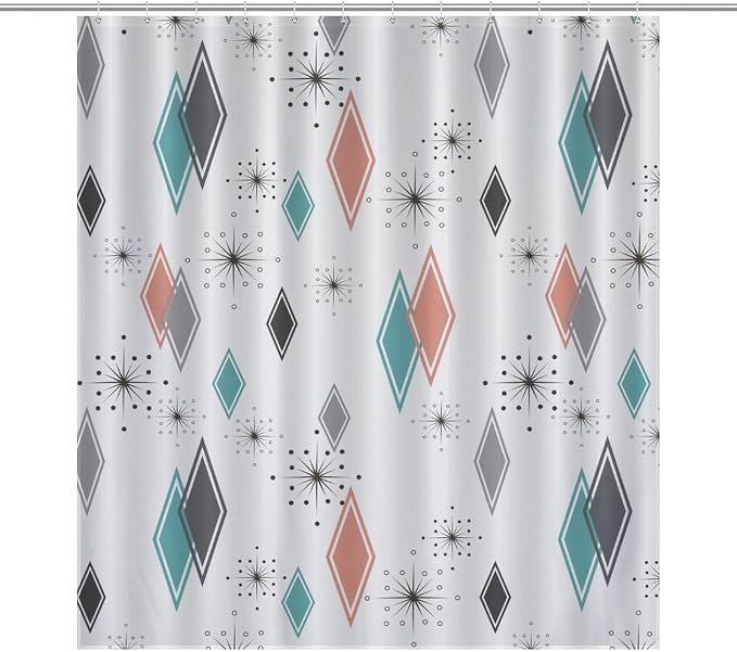 Mid Century Modern Shower Curtain,Retro Abstract Atomic Starburst Geometric Diamond Pattern Shower Curtains Set for Bathroom Fabric Decorative Bath Curtain Washable Curtain Hooks, 72x72 in