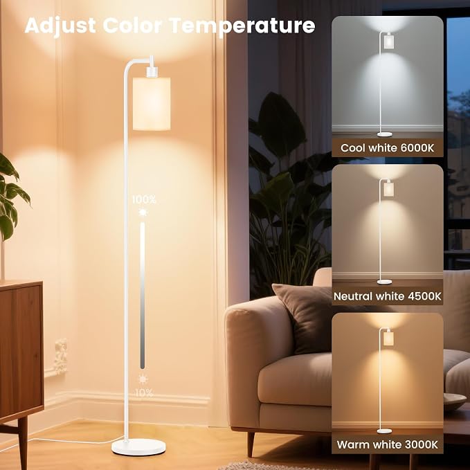 SIBRILLE Floor Lamp with Linen Shade, Dimmable Tall Standing Lamp with Remote Control & 3 Color Temperatures, Modern Floor Lamps for Living Room Bedroom Office Corner, 9W LED Bulb Included