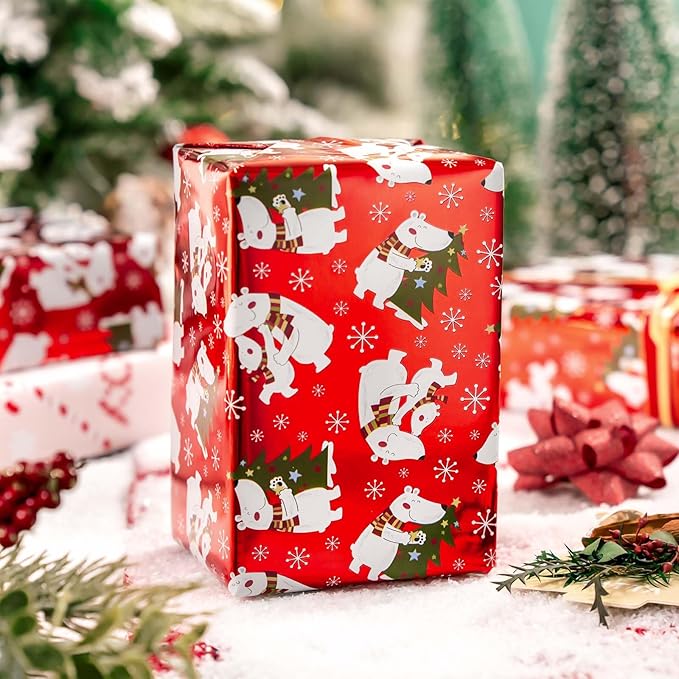 MAYPLUSS Christmas Wrapping Paper Roll - 17IN X 33FT - Red Gift Wrapping Paper Featuring white Polar Bear Christmas Tree Against Red Reversible Candy Cane for Kids, Holiday, New Year