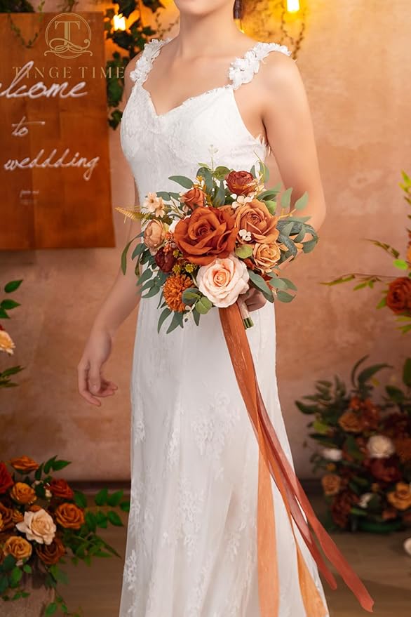 TINGE TIME Wedding Bouquets for Bride, 9 Inch Handcrafted Silk Bridal Flowers Bouquets for Fall Wedding Ceremony, Gift for Bridesmaid, Bouquet for Party Church Decoration (Brunt Orange)