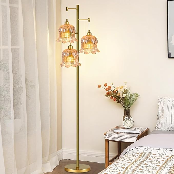 QIYIZM Glass Floor Lamp for Living Room,Bedroom,Mid Century Modern Standing Lamp Brass Tree 3 Light Tall Floor Lamps Vintage Floor Lights Gold Tulip Flower Lamp Shade Farmhouse Boho Bohemian