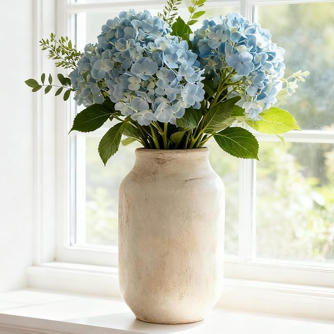 Rustic Ceramic Farmhouse Flower Large Vase, Whitewashed Terra Cotta Vase, Pottery Decorative Flower for Home Decor, Table, Living Room Decoration, Shelf Decor, Mantel, 9.5 Inch, White