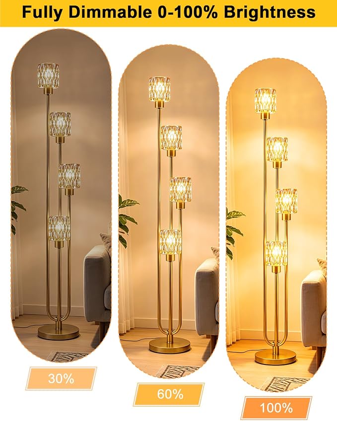 Lightdot 4-Lights Glass Floor Lamp Dimmable Gold Floor Lamps with Amber Rippled Glass Shade& Bulbs Included Unique Modern Standing Tall Lamp with 5Lbs Heavy Base for Living Room/Bedroom/Sofa Beside