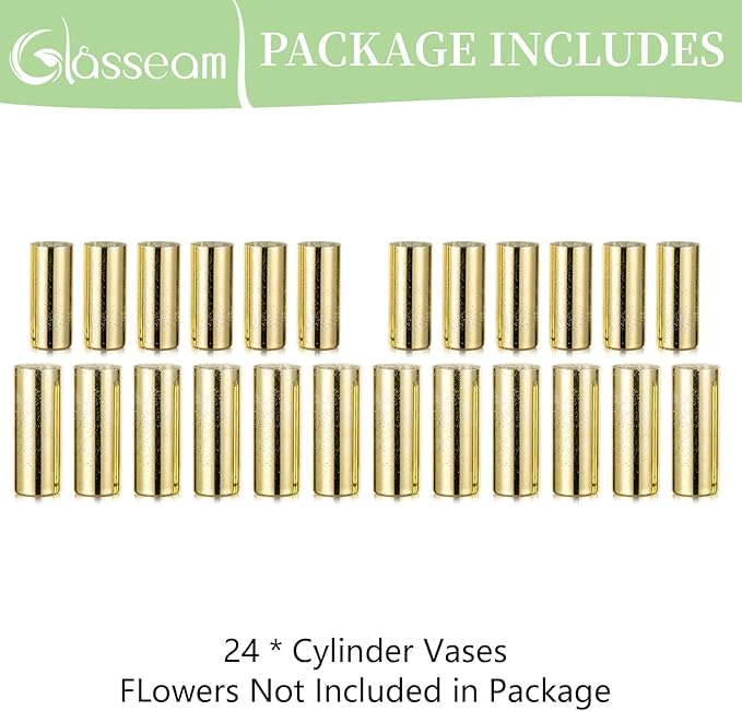 Glasseam Gold Cylinder Vases for Centerpieces: 24 Modern Mercury Hurricane Glass Vase Set for Flowers - Decorative Golden Pillar Candle Holders for Wedding Party Dining Room Table Decor