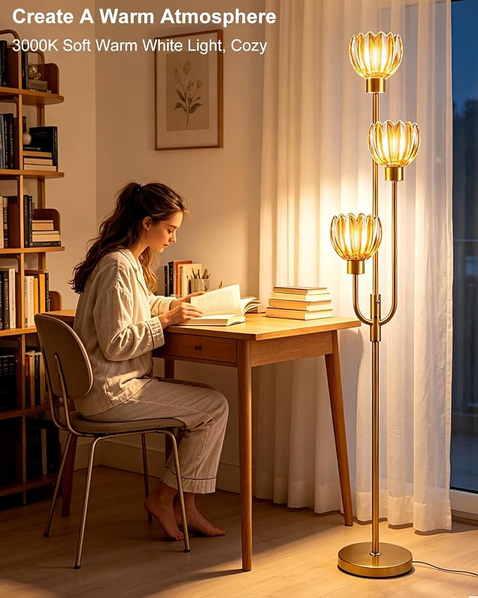 Lightdot 3-Lights Modern Glass Floor Lamp Gold Dimmable Floor Lamps with 3000K Warm White Bulbs for Wedding Party 66IN Tall Standing Lamp with Amber Glass Shade for Living Room/Bedroom/Home Decor