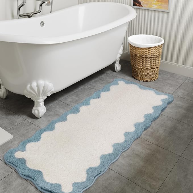 Uphome Bathroom Runner Rug, Blue Long Water Absorbent Cute Bath Mat Non Slip Washable, 24x60 Soft Irregular Shaped Shaggy Microfiber Bath Runner Rug for Floor, Bathtub, Bedroom