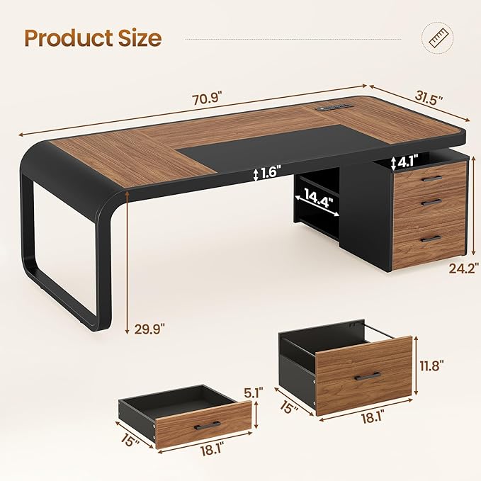 Itaar 70.9" Executive Desk, Large Computer Desk with Drawers and Lateral File Cabinet, Office Desk with Removable Shelves, Business Furniture Desk Workstation for Home Office, Brown