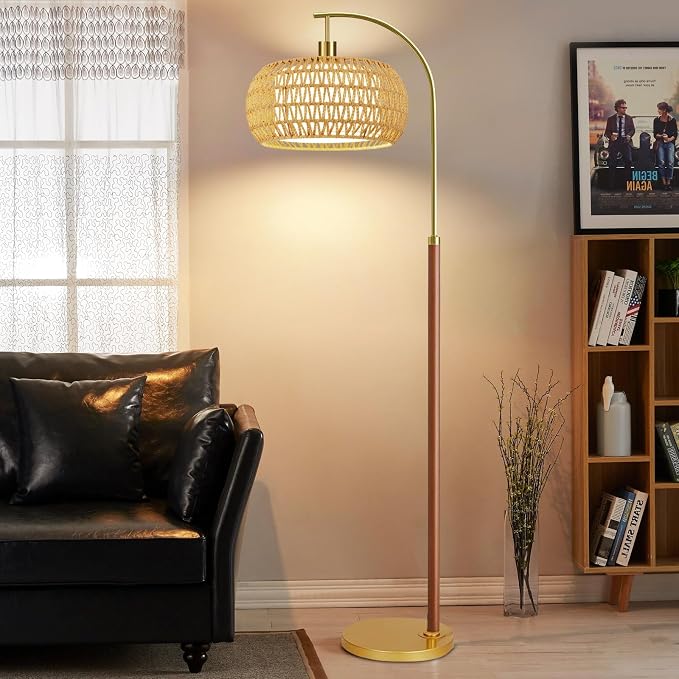 Wood Arc Floor Lamps for Living Room,Boho Rattan Floor Lamp with Remote Control & 3 Color Temperatures,Dimmable Mid Century Modern Standing Lamp Farmhouse Vintage Tall Floor Lamp For Bedroom Corner