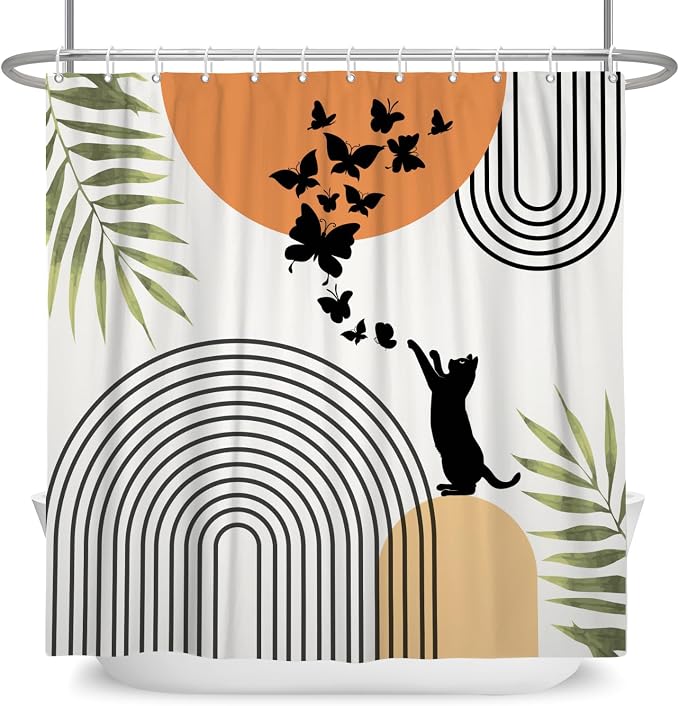 Mid Century Cat Shower Curtain Abstract Boho Geometric Minimalist Black Cat Butterflies Green Leaf Aesthetic Shower Curtain for Bathroom Decoration Accessories with Hooks 72x84 inch