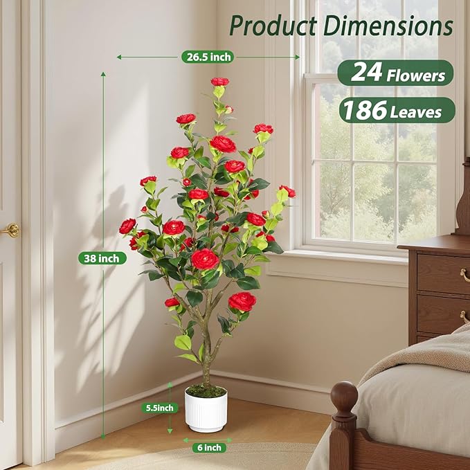 Artificial Camellia Tree 4FT – Nearly Natural Faux Plants Indoor, with Easy Assembly, Low Maintenance, Ideal for Both Indoor Decoration and Other Purposes，Perfect Porch Christmas Trees (White 4ft x2)