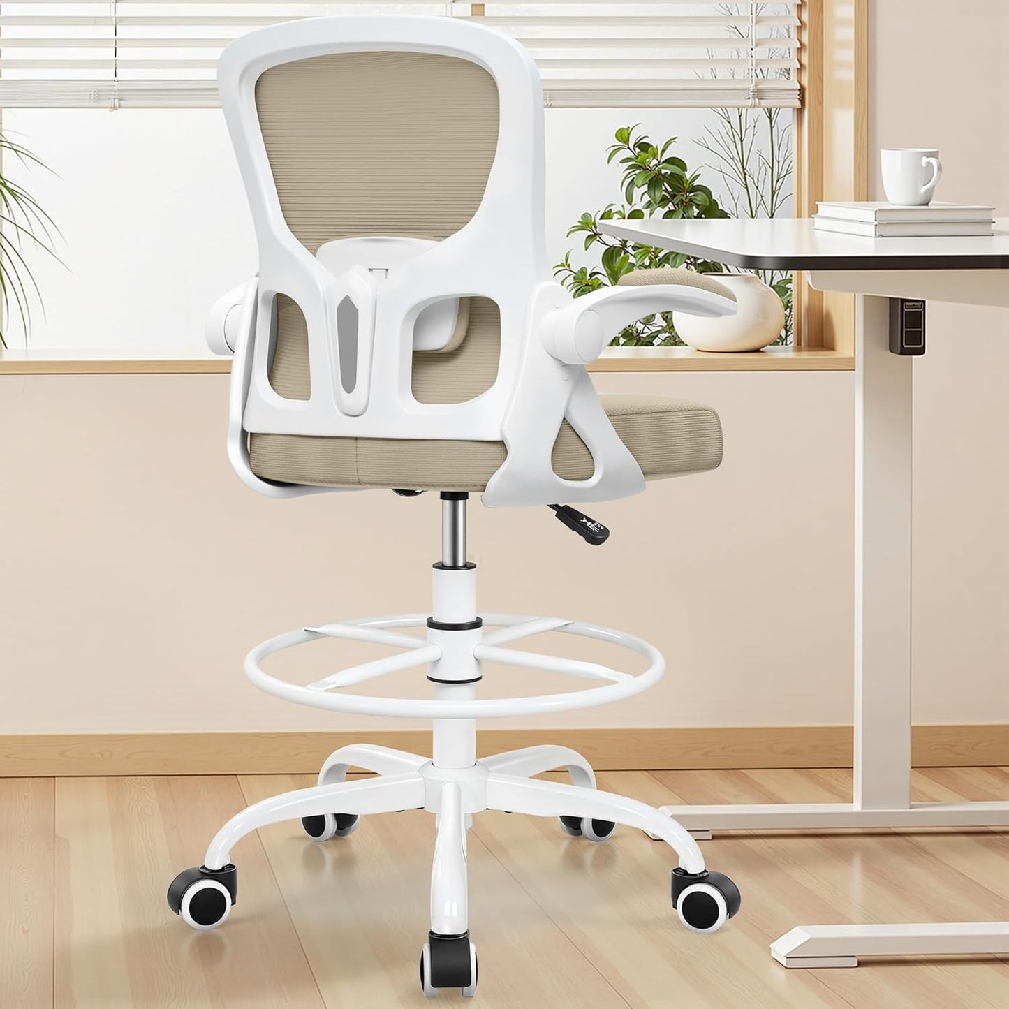 Skiennix Drafting Chair - Ergonomic Tall Office Stool with Lumbar Support & Flip-Up Arms | Khaki
