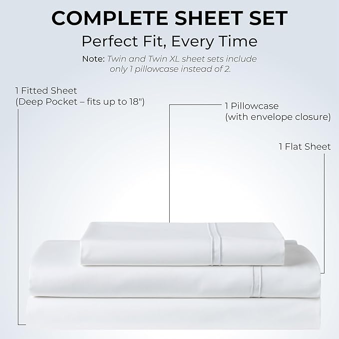 100% Natural Cotton Bed Sheets | 500 TC Single-Ply Sateen Weave Twin XL Sheets | Soft, Breathable, Hypoallergenic Solid 3-Piece Bedding with Deep Pocket Fitted, Flat, Pillowcase | White