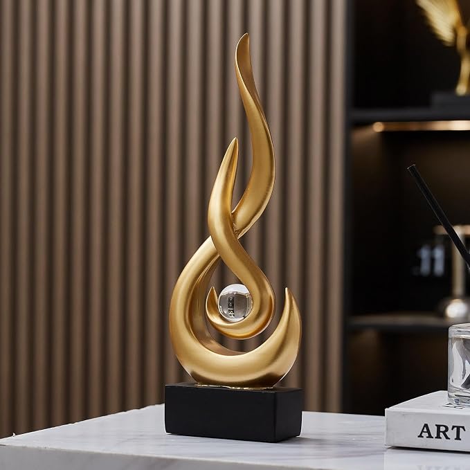 Modern Abstract Art Table Decoration,Resin Flame Statue Modern Centerpiece Ornaments for Living Room Great Gift Idea Home Decor,Collectibles (Gold)