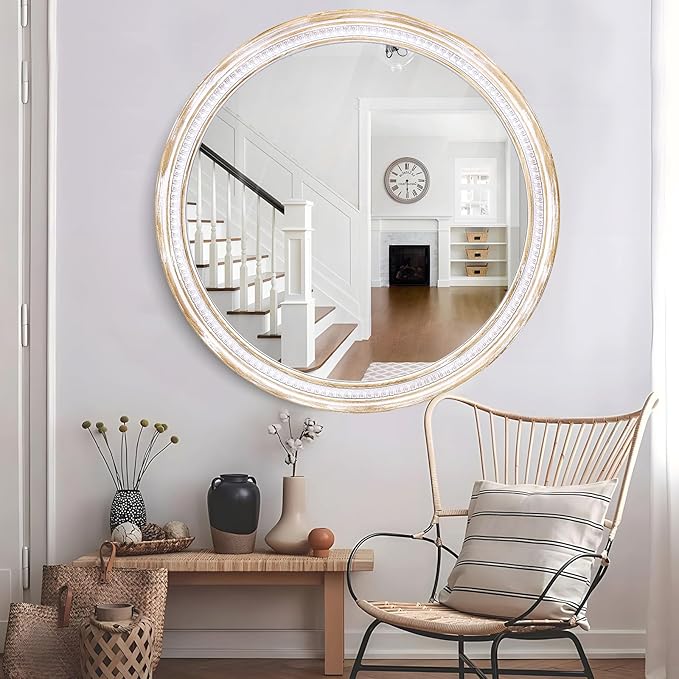 HOITUZYUS 30 Inch Rustic Farmhouse Round Wall Mirror, Boho Wooden Decorative Circle Mirror for Bathroom Vanity, Living Room, Entryway, Bedroom, Hallway