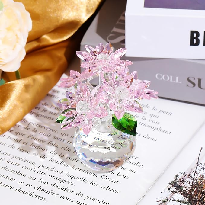 YWHL Pink Crystal Flower Figurine Decor with Stand, Handmade Glass Flower Gifts for Women, Beautiful Art Collectible Statue for Home Table Centerpiece（Pink