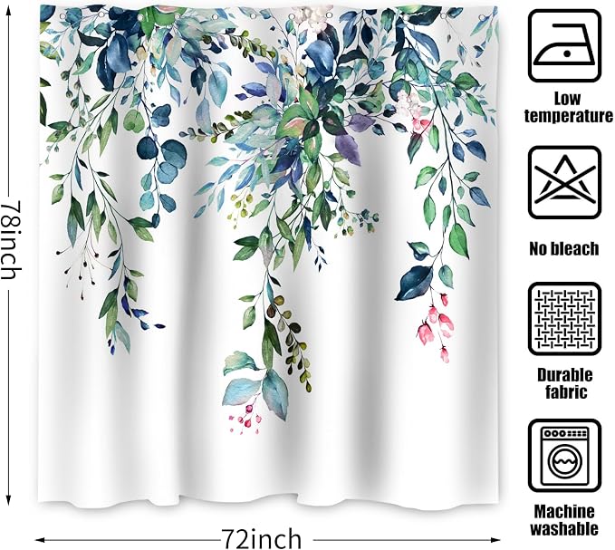 Eucalyptus Extra Long Shower Curtain, Watercolor Green Leaves Plant Floral Spring Nature Waterproof Fabric Machine Washable with Hooks for Bathroom Bathtub Decor 72Wx78H