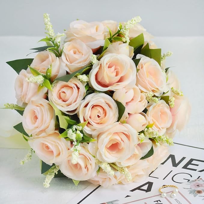 8.3 inch Wedding Bouquets for Bride Bridesmaid Bridal Bouquet Artificial Rose Tossing Bouquet for Wedding Ceremony Party Church (Champagne)