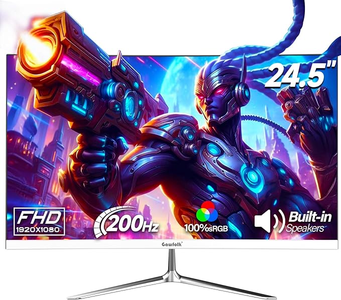 Gawfolk Gaming Monitor 24.5 Inch 200Hz Built-in Speakers, 180hz PC Monitor FHD 1080P Frameless Computer Monitors, VA,sRGB 100%, DisplayPort, HDMI, Eye Care, Wall Mount Compatible (White)