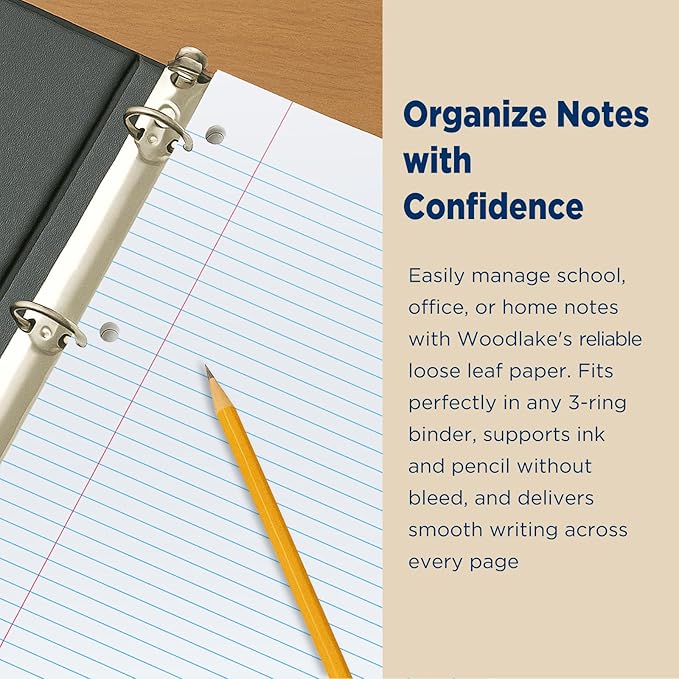 Woodlake Loose Leaf Paper, College Ruled Notebook Paper, 8 x 10.5”, 150 Sheets per Pack, 3 Pack Bulk Lined Filler Paper, 3 Hole Punched, 60gsm, Made in USA