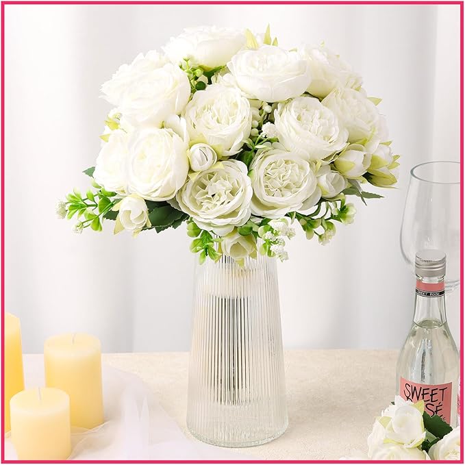 Olgaa 12 Bundles Peonies Artificial Flowers Artificial Peonies Silk Flowers Bulk Fake Peony Bouquet for Bridal Shower Decorations Wedding Table Centerpiece (White)