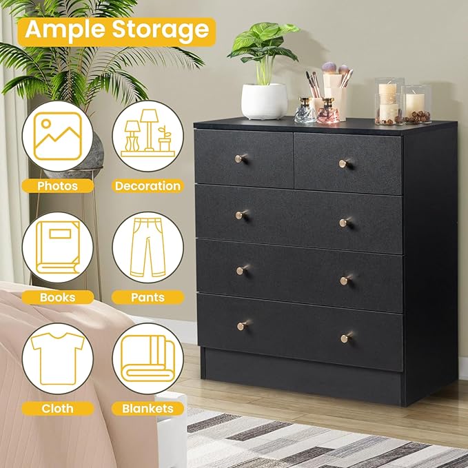 Karl home Black 5 Drawer Dresser for Bedroom, Modern Wood Dresser Chest of Drawers, Bedroom Dressers Clothes Organizer, Anti-Tipping Device, Rose Gold Metal Handle, Living Room, Entryway, Office