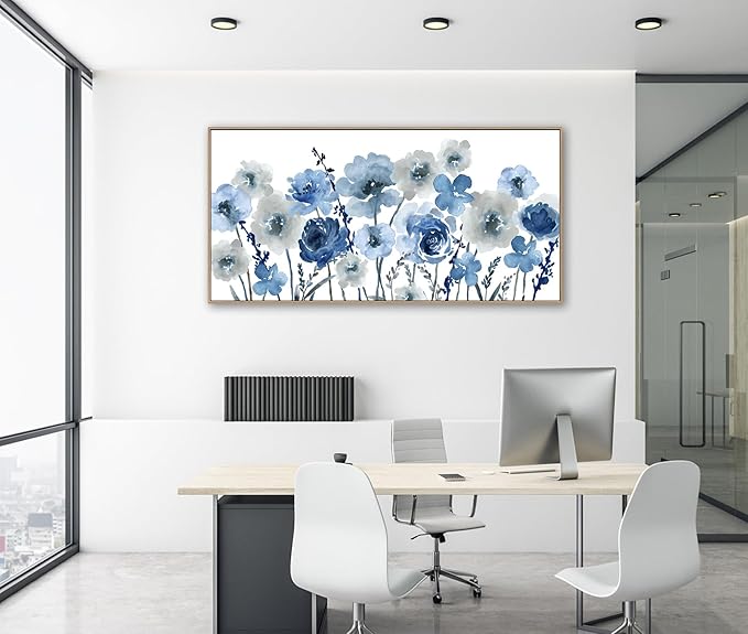 Framed Flowers Canvas Wall Art - Indigo Floral Canvas Pictures Living Room Wall Decor Botanical Canvas Prints Painting Abstract Artwork Bedroom Office Home Decor 24"x 48"