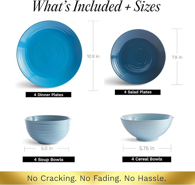 Sango Siterra Artist's Blend 16-Piece Stoneware Dinnerware Set – Service for 4, Ocean Blue Glossy Glaze with Unique Speckled Design, for Everyday Dining & Entertainment, Microwave & Dishwasher Safe