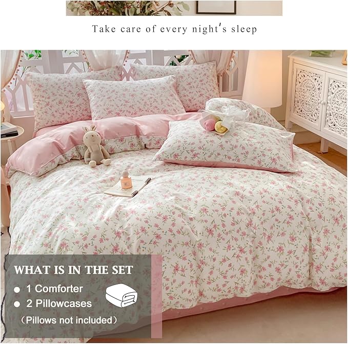 VM VOUGEMARKET Vintage Pink Floral Comforter Set Queen 3 Pieces Garden Flower Bedding Comforter for Teen Girls Reversible Cute Pink White Bedding Set