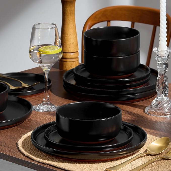 E-far 6-Piece Stoneware Plates and Bowls Sets, Dinnerware Sets for 2, Ceramic Dishware Dishes Set with Terracotta Base, Chip & Scratch Resistant, Microwave & Dishwasher Safe, Matte Black