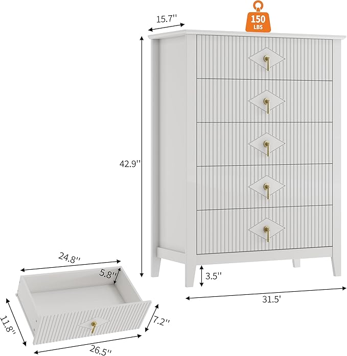 GarveeHome Fluted Dresser for Bedroom, 42.9" Tall 5-Drawer Wood Dresser, Modern Chest of Drawers, Storage Organizer Cabinet for Living Room, Hallway, Entryway, White