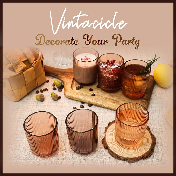 Melanin Ribbed Drinking Glasses Set of 6,8.5oz Colored Vintage Highball Tumblers,Amber Glassware for Juice,Milk,Coffee & Cocktails,Gift for Party,Housewarming,Mother's Day