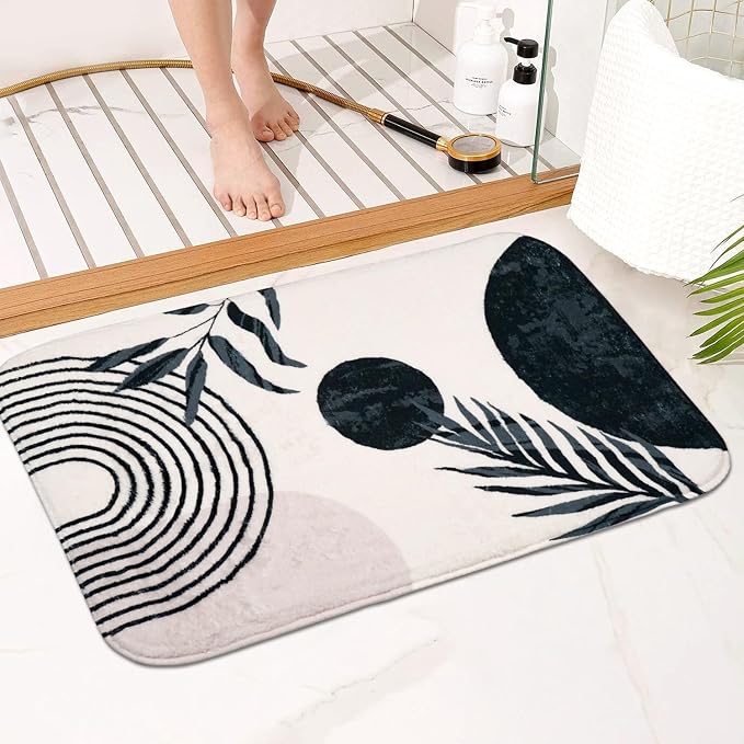 Bathroom Rugs Black and White Boho Bath Mat, Small Cute Bath Mat Non-Slip Soft Washable Bathmat Shower Rug for Bathtub Boho Decor