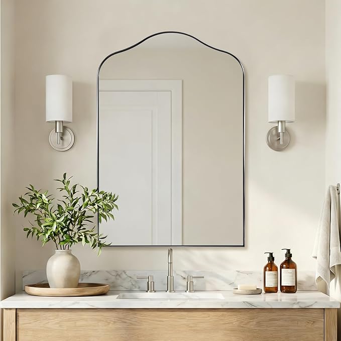 ANDY STAR Scalloped Arched Mirror, 26x38 Brushed Nickel Irregular Bathroom Mirror for Vanity, Asymmetrical Curved, Silver Rustproof Stainless Steel Frame, for Over Sink, Bedroom, Mantel, Fireplace