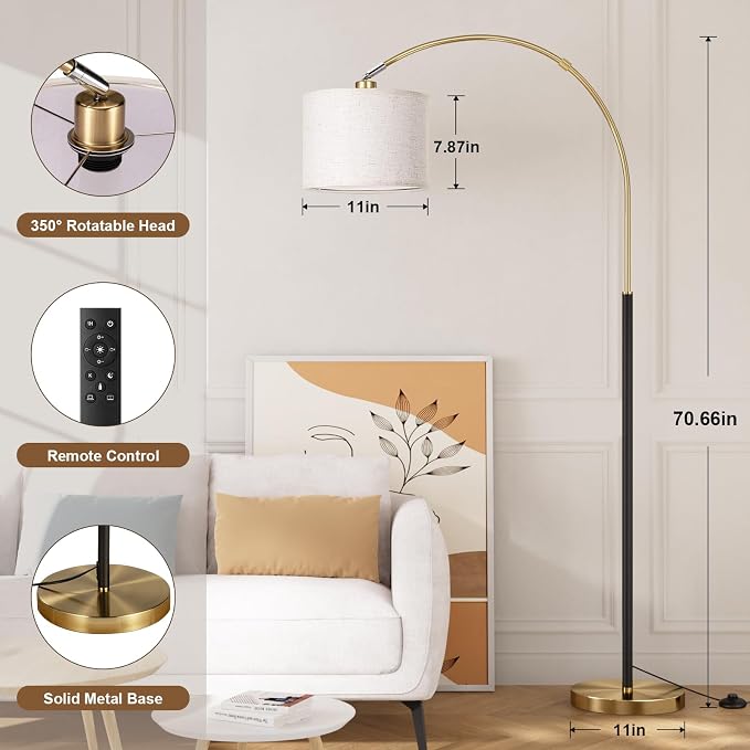 Ambimall Dimmable Arc Floor Lamp with Remote, Color Temperatures and Brightness Adjustable, Arched Floor Lamp with Rotating Head, Over Couch Arched Reading Light for Living Room (Black and Bronze)