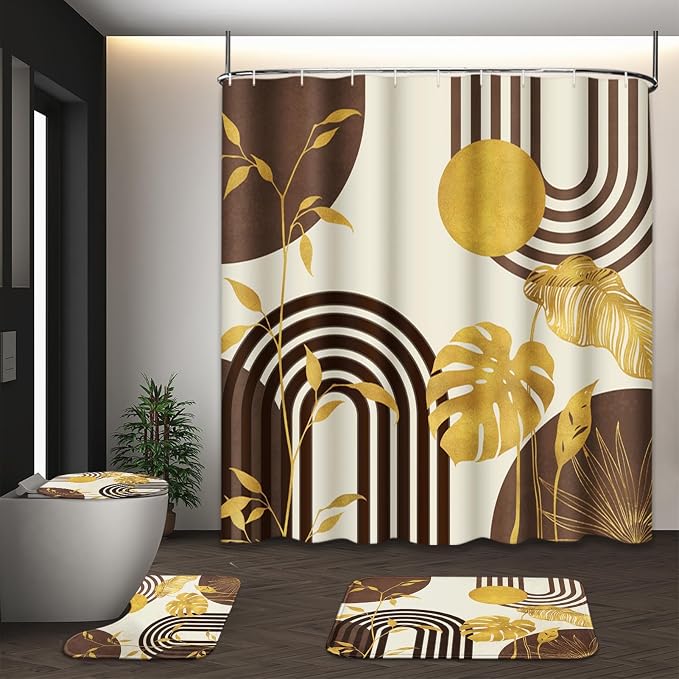 Boho Brown Shower Curtain Set with Toilet Lid Cover and Non-Slip Rugs, Gold Tropical Abstract Geometric 4 Pcs Modern Minimalist Vintage Shower Curtain for Bathroom Set with 12 Hooks