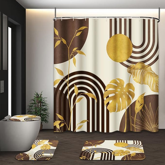 Boho Brown Shower Curtain Set with Toilet Lid Cover and Non-Slip Rugs, Gold Tropical Abstract Geometric 4 Pcs Modern Minimalist Vintage Shower Curtain for Bathroom Set with 12 Hooks