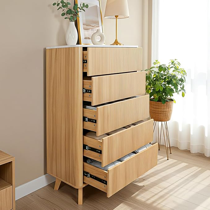 Fluted 5 Drawers Dresser for Bedroom, 47" Tall Handleless Chest of Drawers with Faux Marble Top, Curved Profile Design, Wood Drawer Organizerfor forLiving Room, Hallway, Entryway, Natural Oak