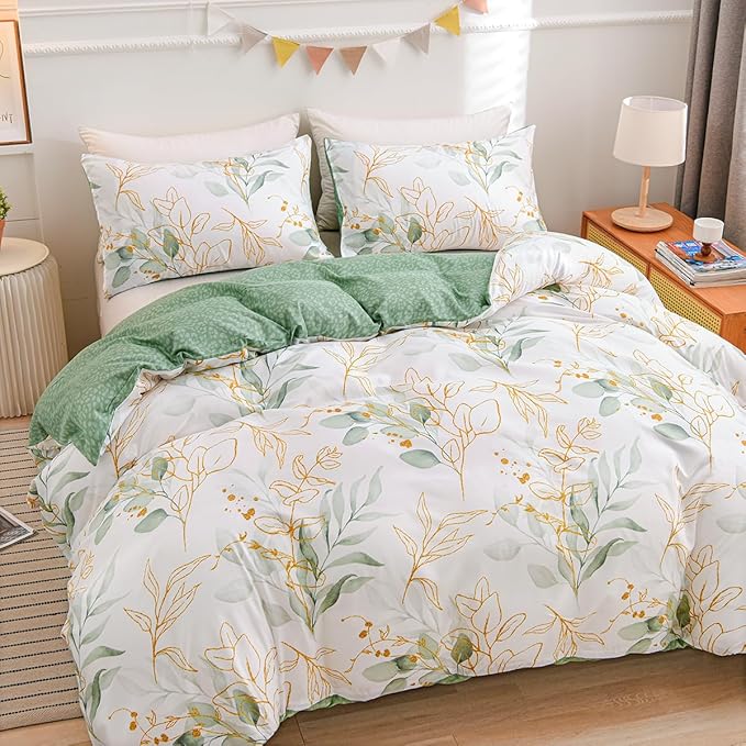 Nayoroom White Floral Duvet Cover King Size Green Gold Leaves Printed Reversible Botanical Comforter Cover 3 Pieces Soft Breathable Microfiber Cottagecore Bedding Set with Zipper Closure