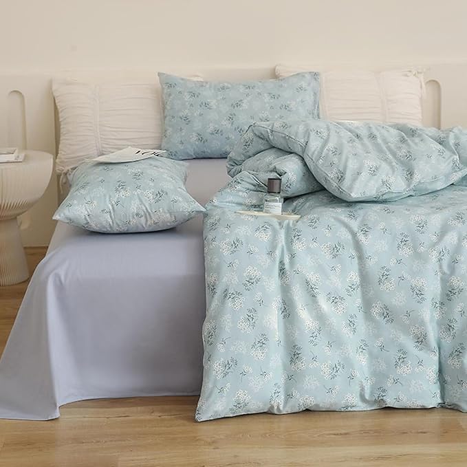 VM VOUGEMARKET Floral Comforter Set Queen Blue Comforter Set Garden Style Bedding Set Aesthetic Flower Botanical Comforter Set Soft All Seasons Boho Floral Comforter Set Queen Size