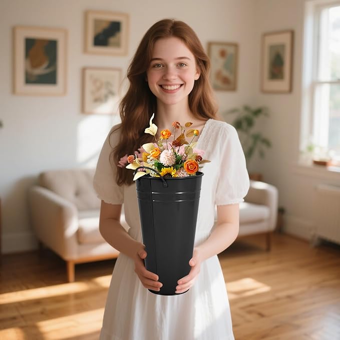 Flower Bucket for Flower Bar, 6 Pcs 10.2 Inch Metal Vases with Handles, Leak-Proof Black French Buckets for Wedding Centerpieces, Farmhouse Party & Rustic Home Decor