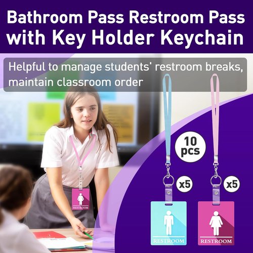 Skiennix 10 PCS Bathroom Passes - Key Holder & Lanyard Set in Pink and Blue for Schools & Offices