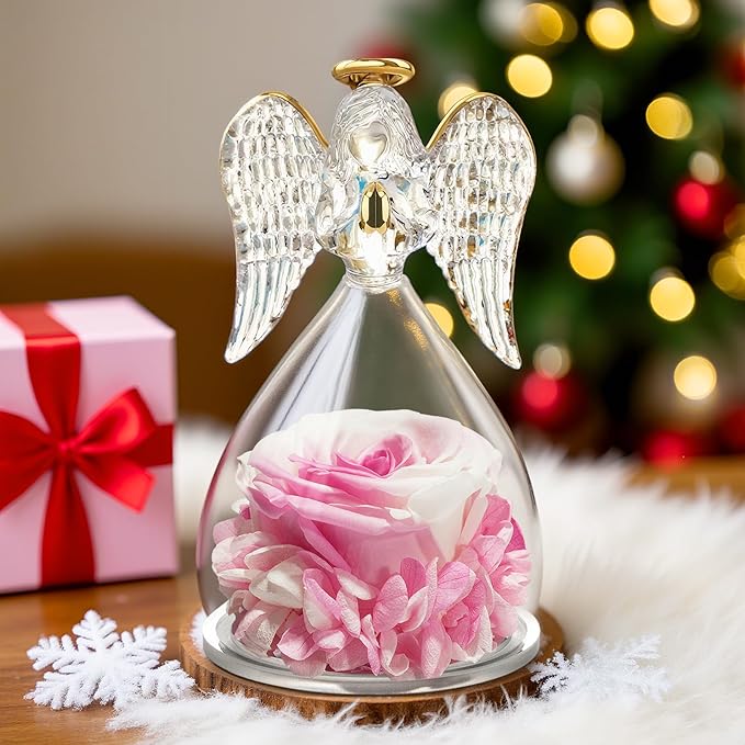 Yamonic Birthday Gifts for Women, Angel Figurines with Real Rose Gifts for Her Mom Grandma,Preserved Flowers Rose Gifts for Christmas Anniversary Birthday Gifts for Her (White+Pink)