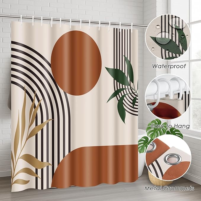 Boho Mid Century Shower Curtain Set with Toilet Lid Cover and Non-Slip Rugs, Abstract Geometric 4 Pcs Modern Minimalist Shower Curtain for Bathroom Set with 12 Hooks