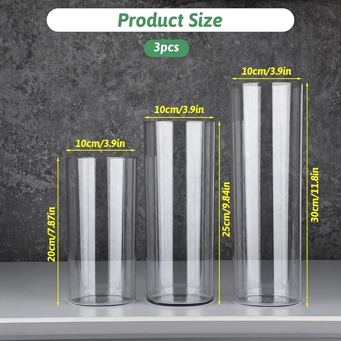 3 Packs Acrylic Cylinder Vases Clear Plastic Flower Vase for Plants Bouquet, Tall Large Plastic Vases Base Vase for Wedding Centerpieces Flower Bouquet Home Decor(8"+10"+12")